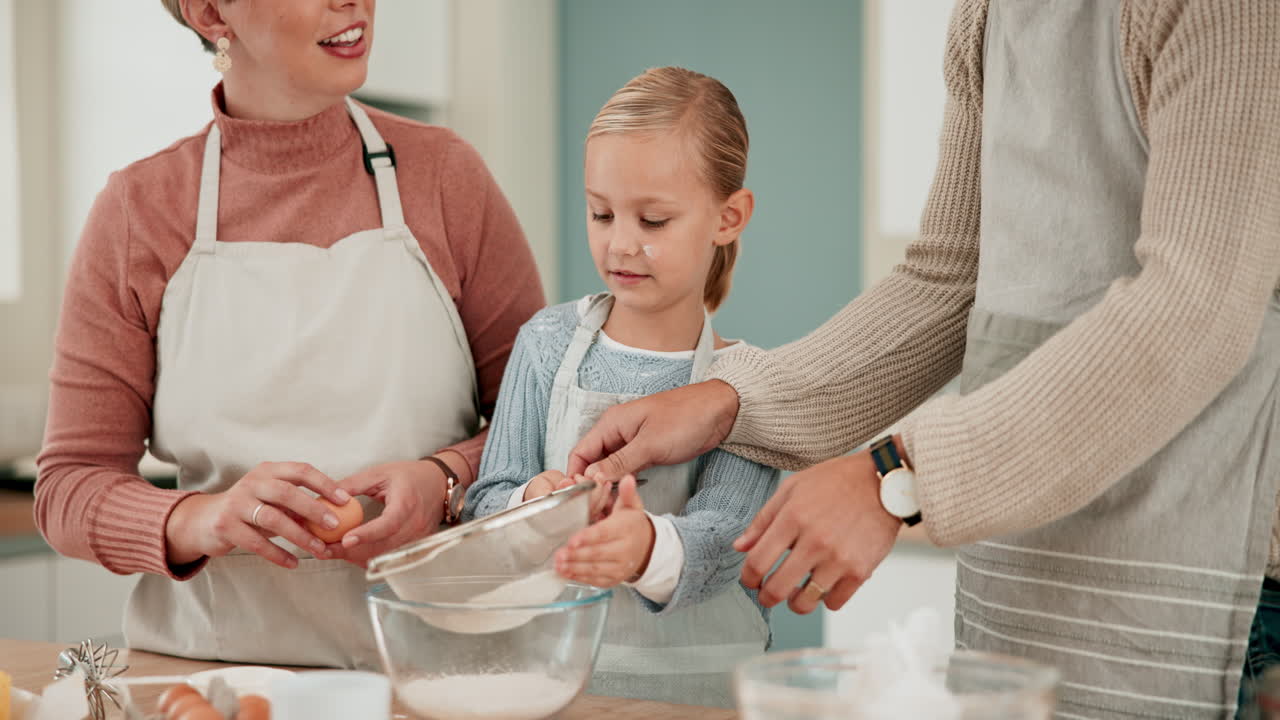 Play, flour or girl baking with parents in kitchen