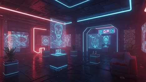 futuristic digital art gallery featuring neon-illuminated displays and high-tech visuals in a unique, immersive environment capturing the essence of art and technology