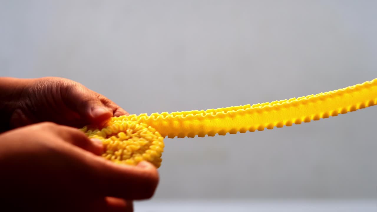 Slow motion close up view of two hands preparing homemade pasta under a cinematic atmosphere.