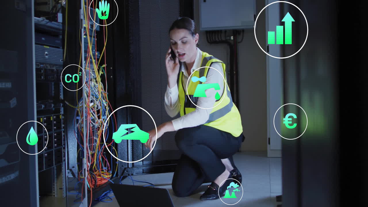 animación de iconos ecológicos y procesamiento de datos sobre mujer de negocios caucásica por servidores informáticos