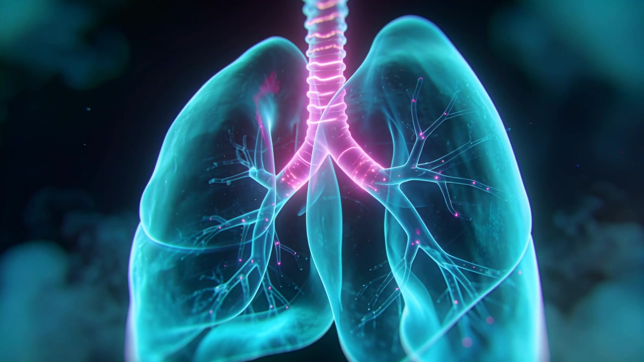 All'inizio, rendering 3D di polmoni e trachea ciano che inspirano, con nodi magenta pulsanti sui bronchi che mostrano il flusso d'aria.
