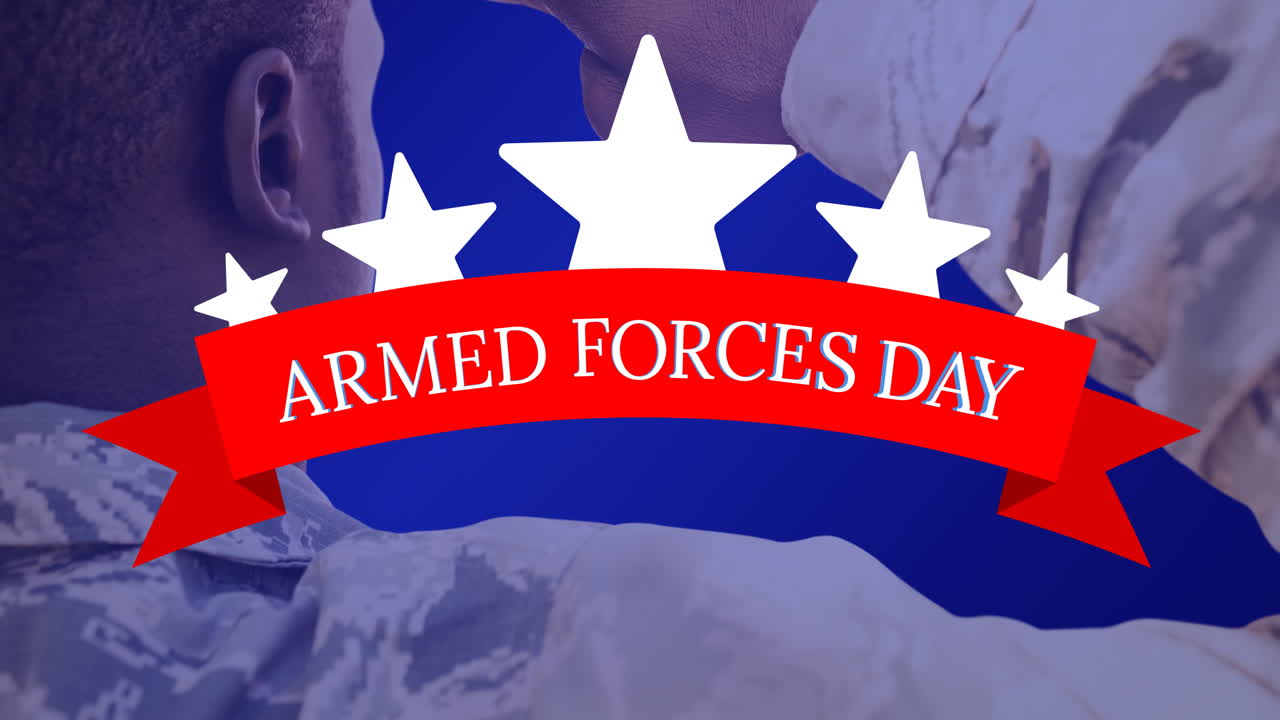 Animation of armed forces day text over african american male soldier