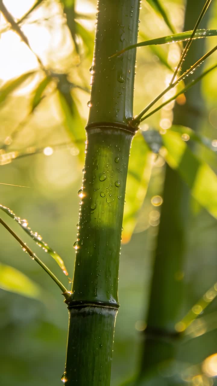 Video verticale: La luce solare illumina un fusto di bambù con goccioline di rugiada e riflessi setosi in un boschetto di bambù, con effetto bokeh.