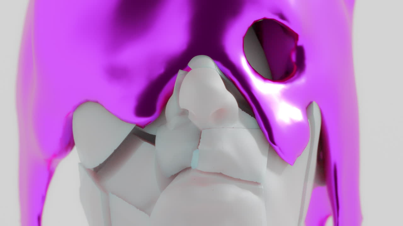 A violet liquid metal flows slowly on the sculpture