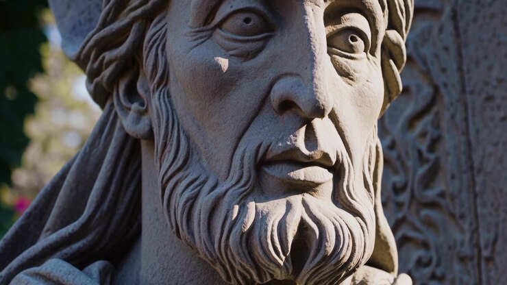 Statua di Pietra di un Uomo Barbuto in un Giardino Lussureggiante