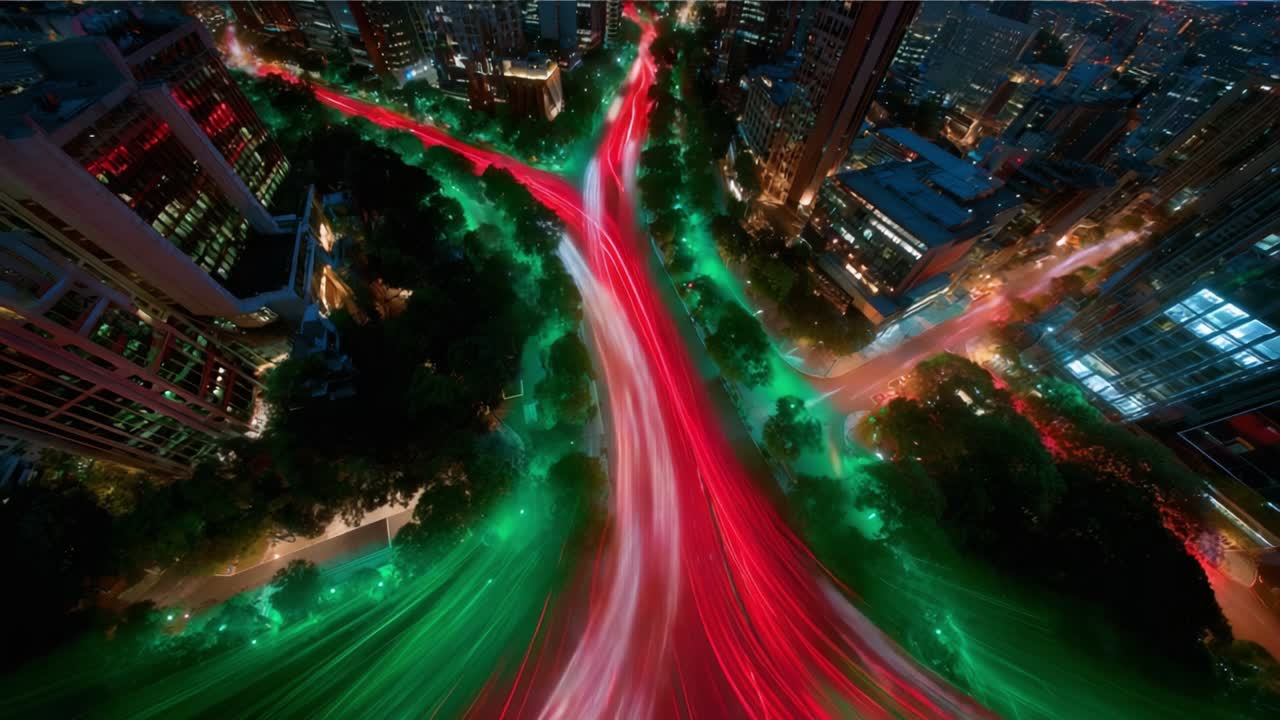 An Aerial View of a Vibrant Urban Intersection at Night, Highlighting the Dynamic Flow of Light Trails from Moving Vehicles, Accentuated with Greenery and City Lights Against a Backdrop of Tall Buildings