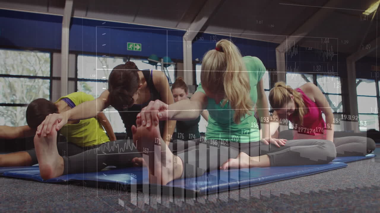 Group of women stretching on mats in fitness studio, showing floating data-chart overlays