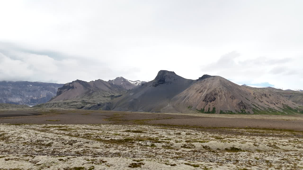 Aerial view of an Icelandic field near Vatnajökull Glacier, showing vast open terrain, rugged volcanic landscape, and glacier backdrop under clear sky