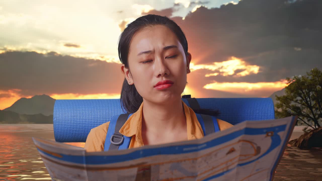Close Up Of Asian Female Hiker With Mountaineering Backpack Looking At The Map Then Thinking While Standing At A Lake During Sunset Time