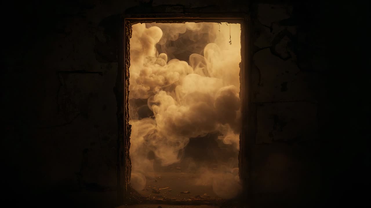 Starting frame three, swirling golden dust drifting inward through ruined doorway, filling aperture