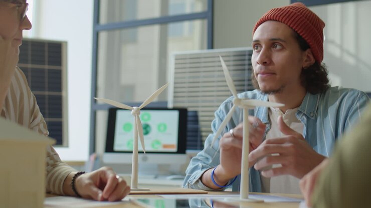 Ingegnere che condivide idee sull'energia rinnovabile con il team