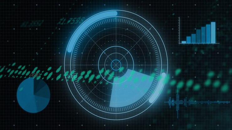Animation of data processing over scope scanning on black background