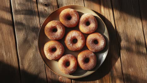 flat lay of spiced apple cider donuts with cinnamon sugar