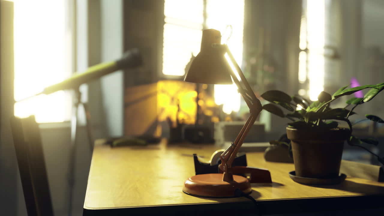 Warm sunlight streaming through the window onto a desk with a plant