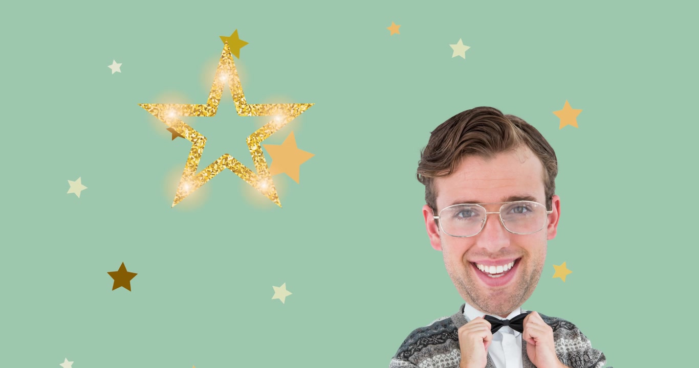 Animazione di un uomo sorridente che si sistema il papillon, che si muove su stelle decorative natalizie su sfondo verde.