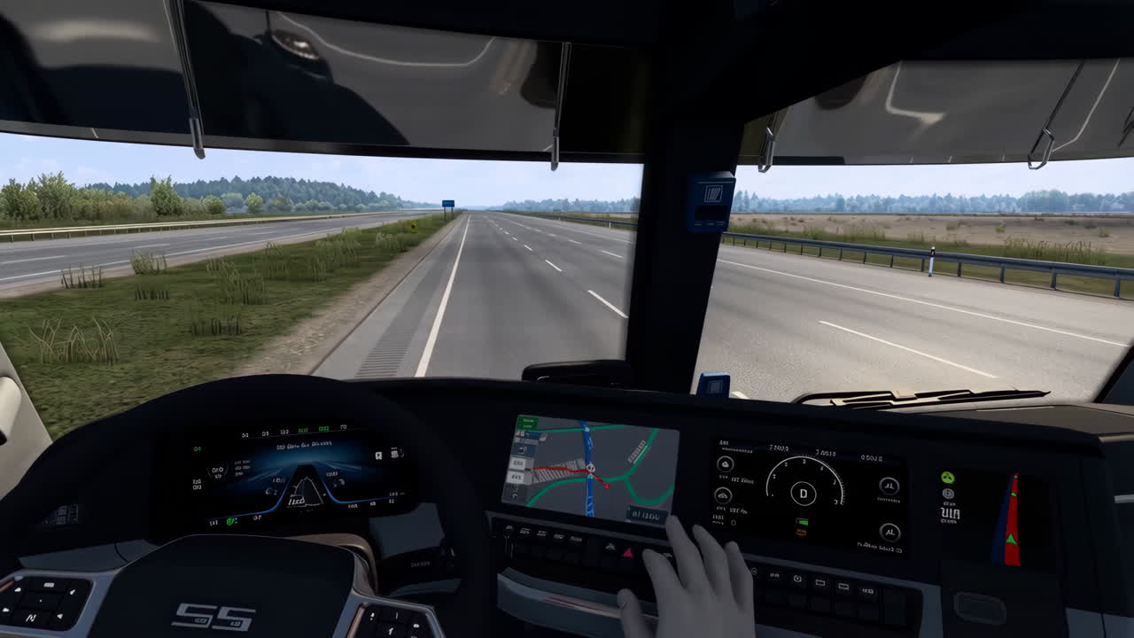First-Person View of a Truck Driving on a Highway with In-Cab Navigation