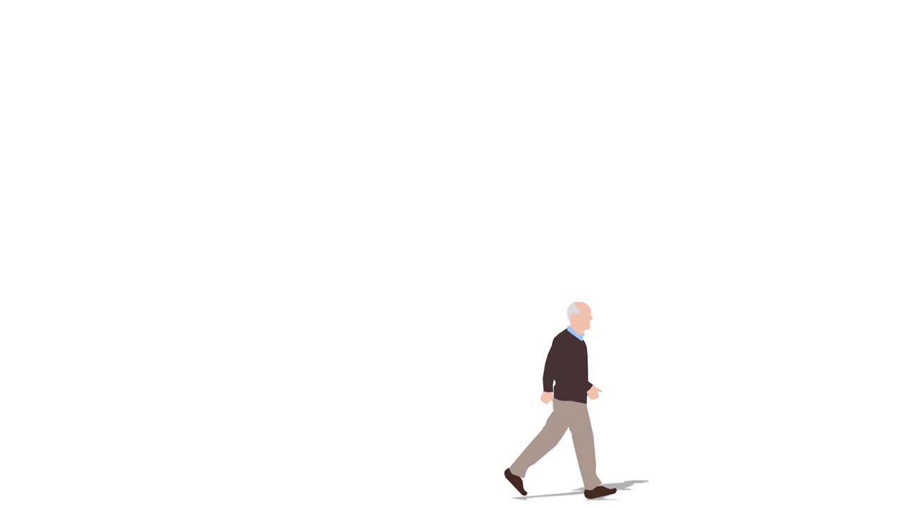 왼쪽에서 오른쪽으로 걸어가는 노인의 애니메이션 루프 애니메이션 (4k 비디오)