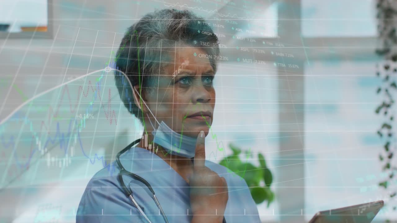 Animation of data processing over african american female doctor with tablet