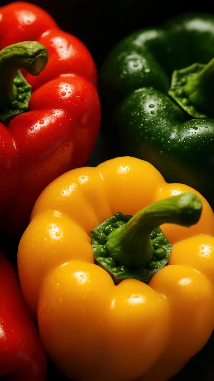 Fresh Red, Yellow, and Green Bell Peppers with Water Droplets