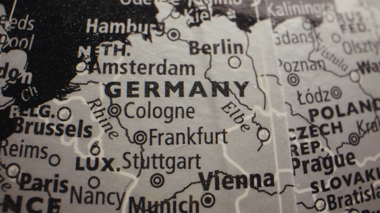 Close-up view of a map showing Germany and Central Europe