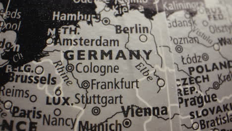 close-up view of a map showing germany and central europe