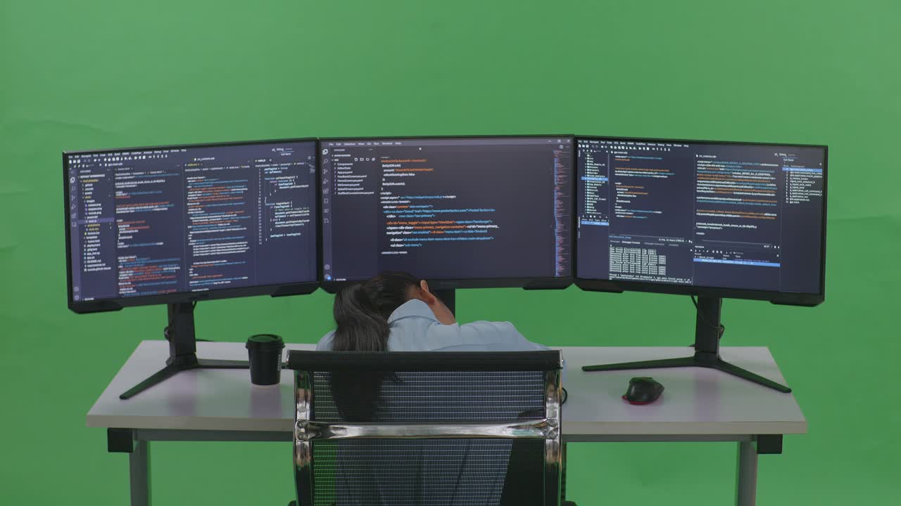 vista trasera de una desarrolladora asiática cansada durmiendo mientras escribe código con múltiples pantallas de computadora en el estudio de pantalla verde