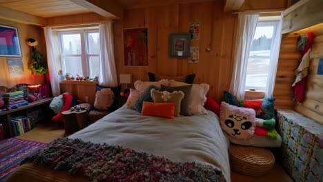 cozy and colorful bedroom with rustic wooden decor