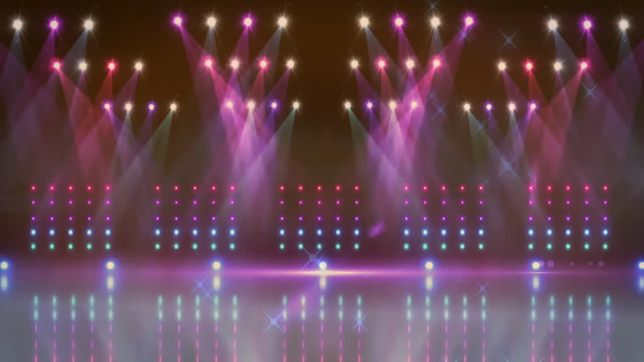 Colorful stage lights and reflections animation over concert stage background