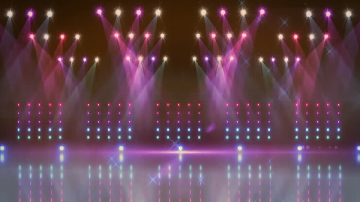 Colorful stage lights and reflections animation over concert stage background