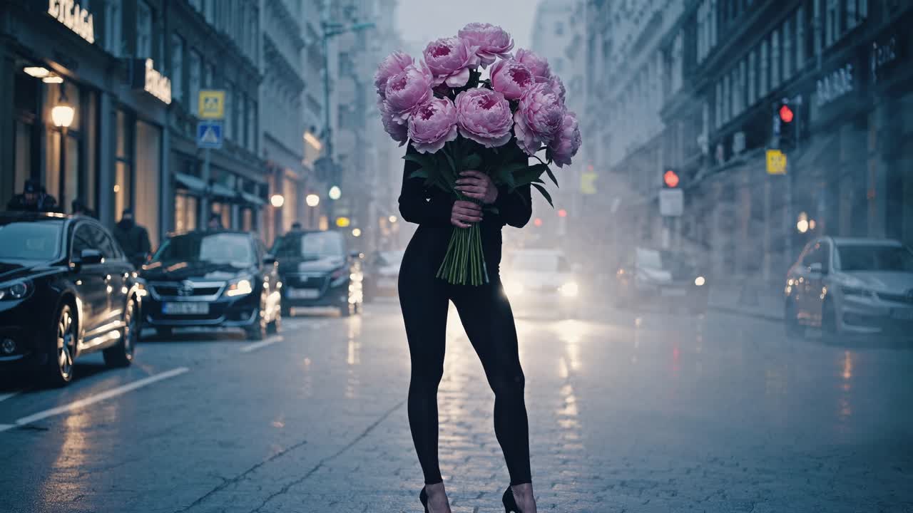модель моды позирует на городской улице с большим букетом розовых пионов, скрывая лицо, стоя неподвижно, в то время как машины проходят в слегка туманной атмосфере.
