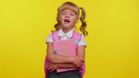 tired school girl yawning, sleepy inattentive feeling somnolent lazy bored gaping, lack of sleep
