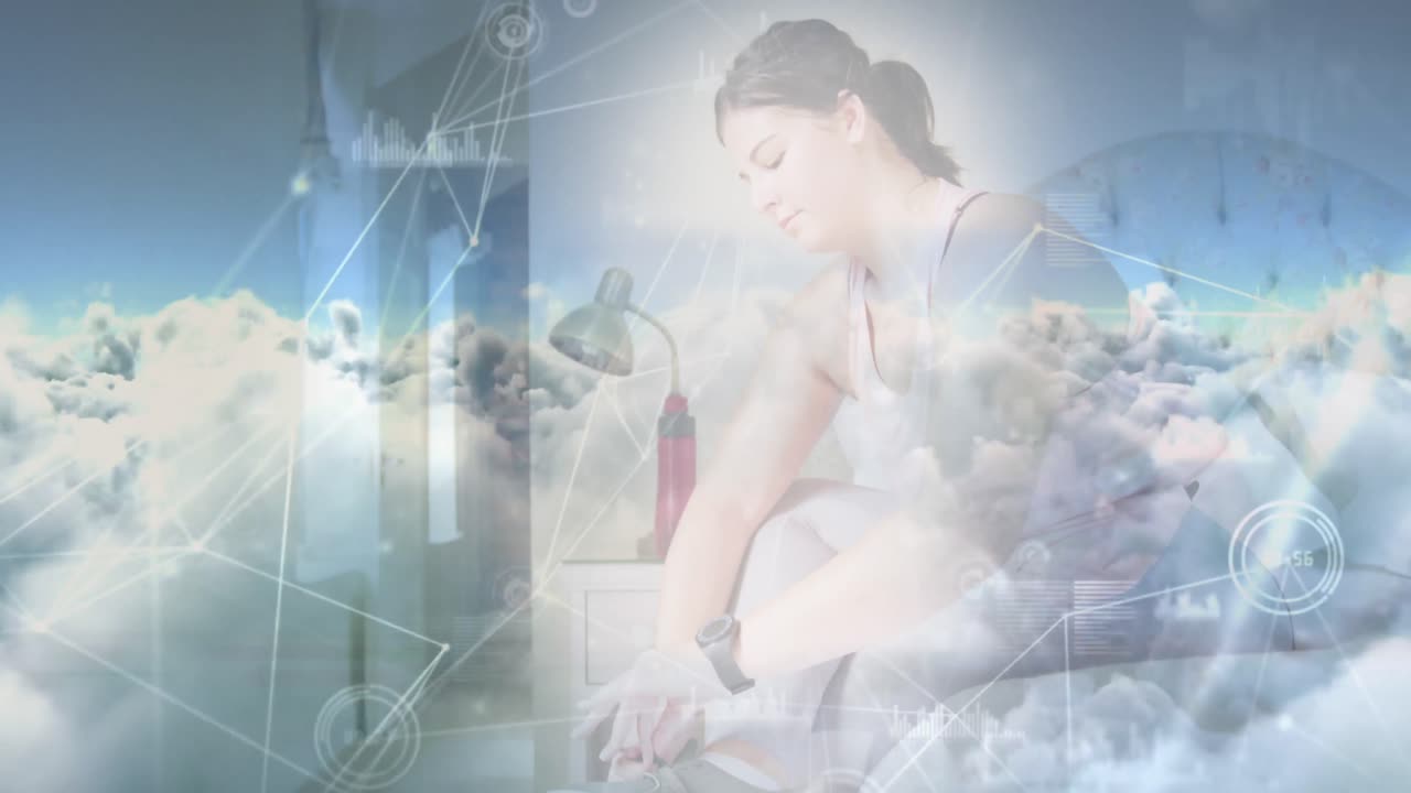 анимация сети соединений над женщиной, связывающей шнурки и облаками