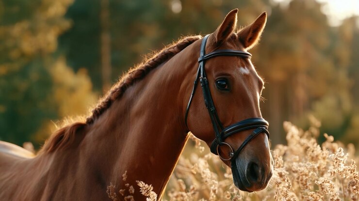 A Majestic Brown Horse in Autumn Fields: Capturing the Serenity and Beauty of Nature with a Stunning Equine Companion Against a Warm Golden Background
