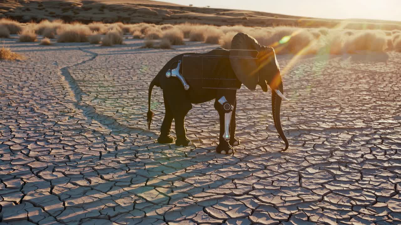 Elephant with Augmented Reality Display in a Dry Desert Landscape