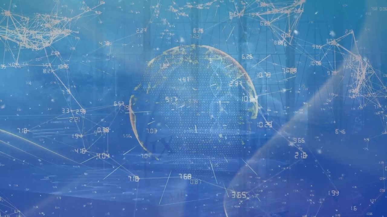 지구의 애니메이션, 연결 네트워크 및 파란색 배경에 대한 데이터 처리