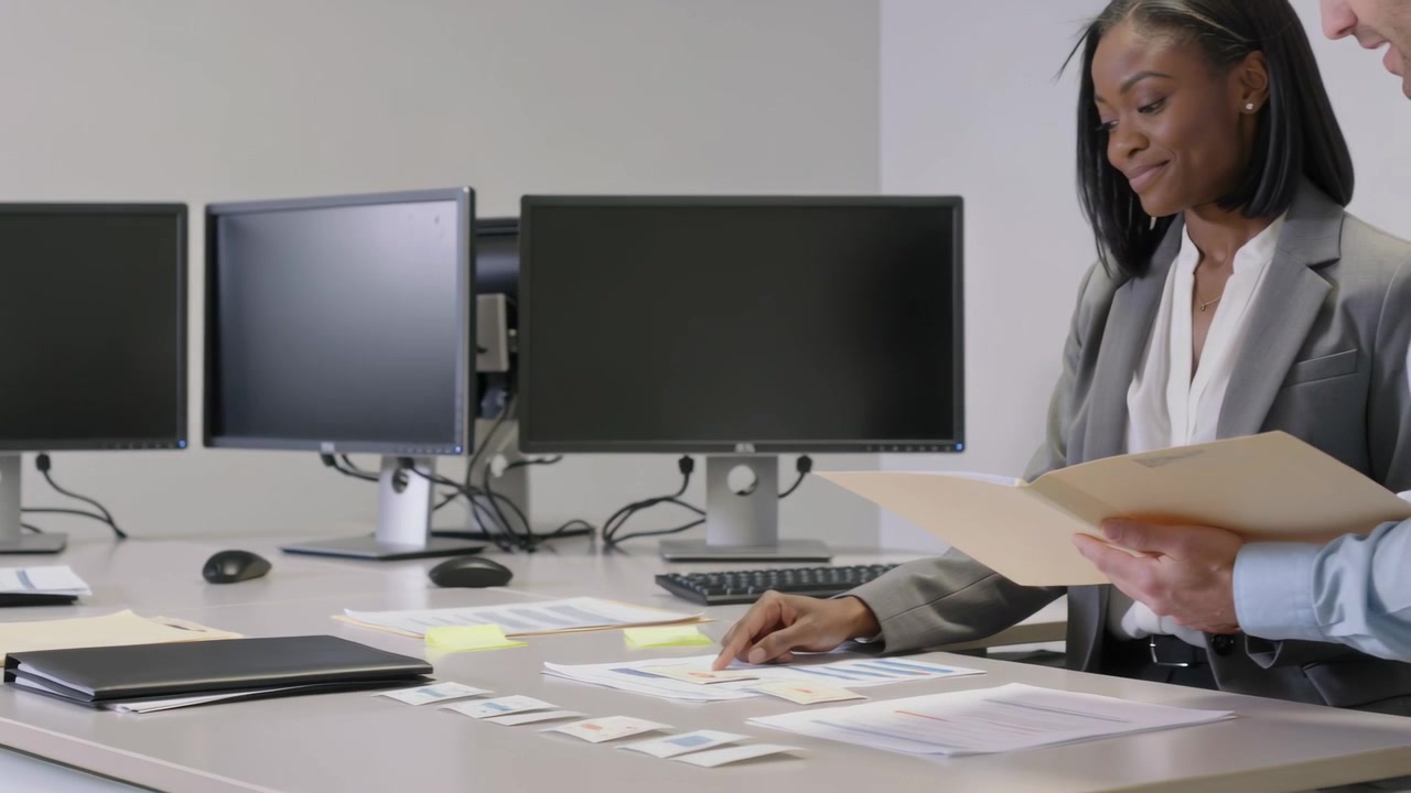 Ankommende kvinde i grå blazer arrangerer kort ved skrivebord med tre skærme til planlægning, med plads til tekst.
