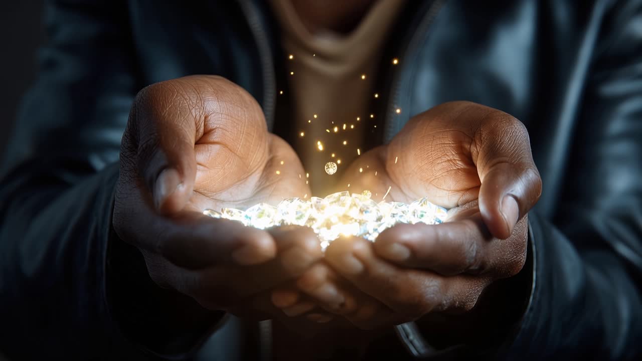 Close-Up of Hands Holding Sparkling Diamonds with Magical Glow