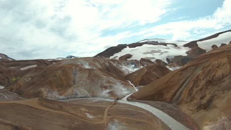 scenic flight through highlands of iceland with snow caps and river in valley, fpv