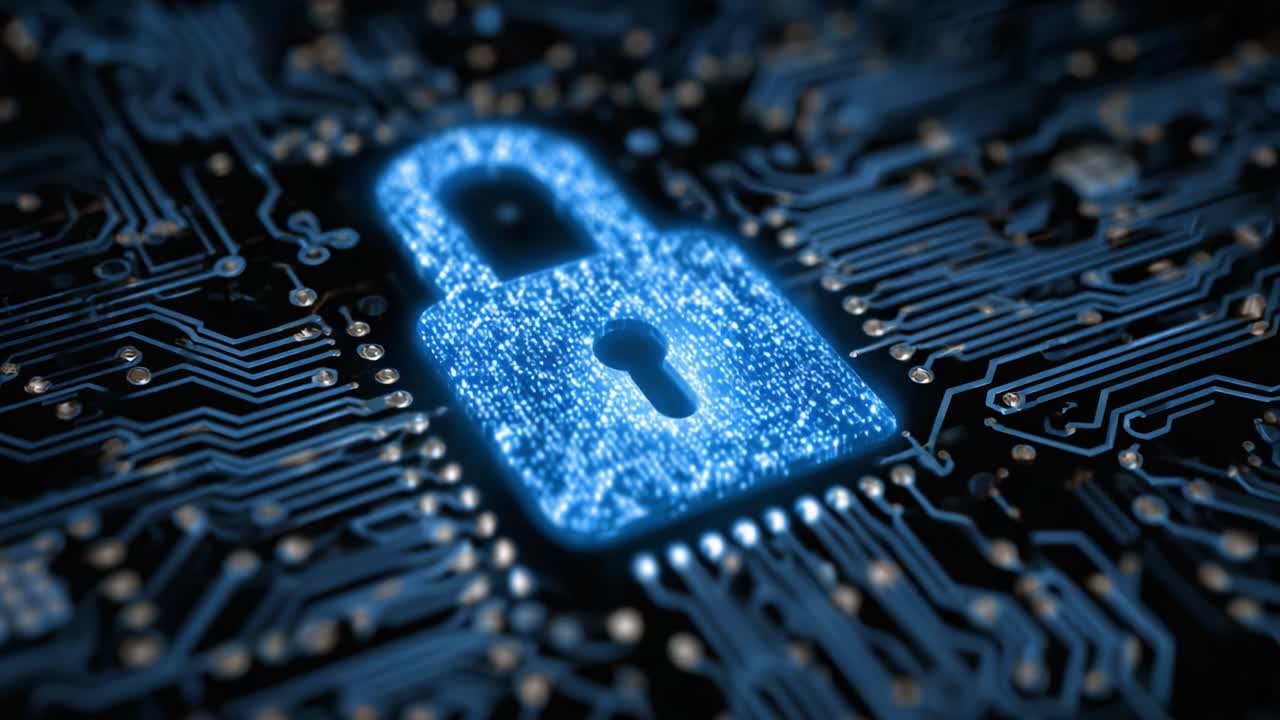 A High-Tech Digital Lock Representing Advanced Cybersecurity Measures Embedded in a Complex Circuit Board Background, Signifying Protection and Data Integrity