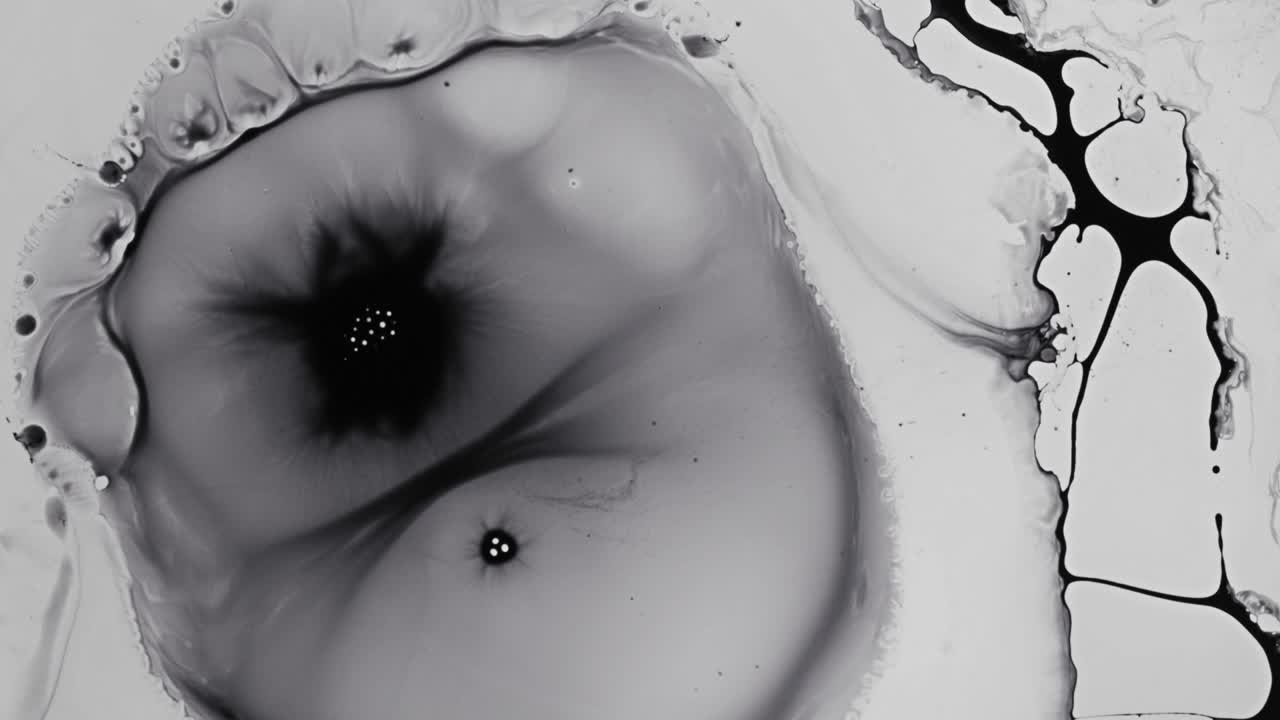 Inchiostro liquido bianco e nero / macchia di goccia di vernice su sfondo di carta bianca.