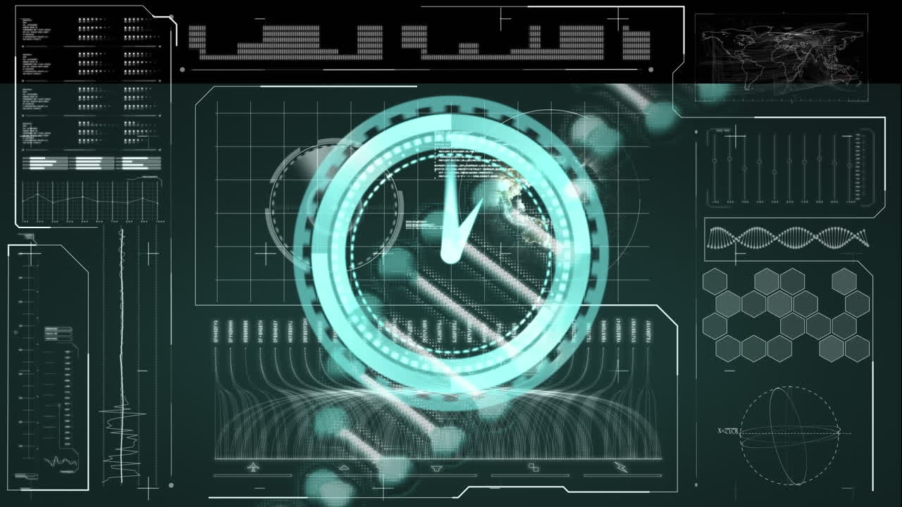 Animation of clock and dna strand spinning with data processing on screen