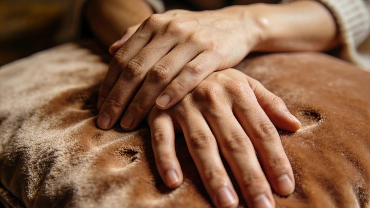 Mains d'adulte au repos s'ajustant sur un coussin moelleux marron à la maison, manche tricotée.