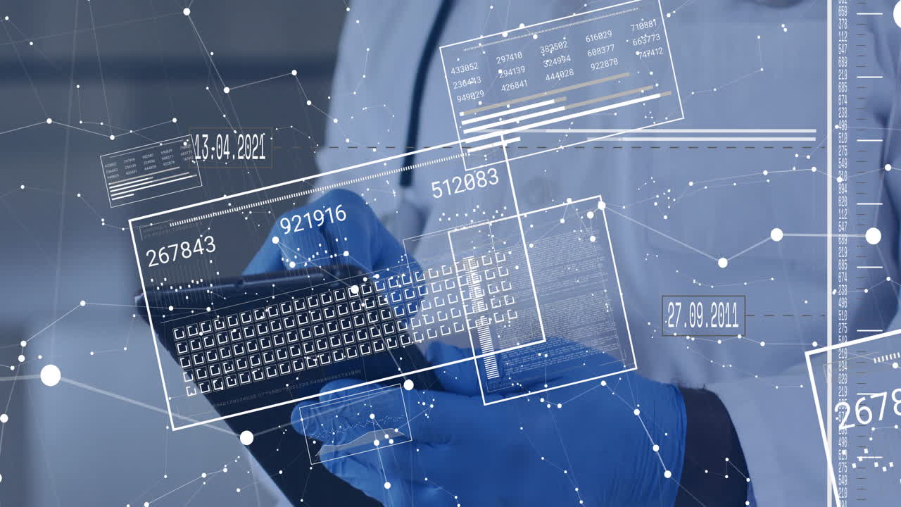 Senior doctor holding black tablet in clinical lab, displaying floating bar charts and data nodes