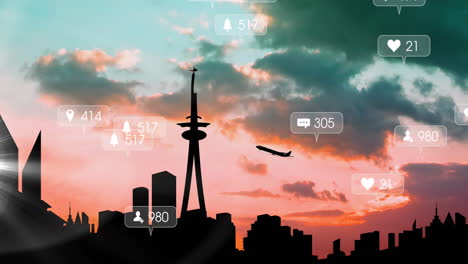 animation of social media icons and numbers on banners over airplane taking off and cityscape