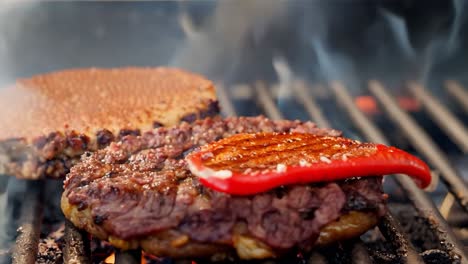 grilling a delicious burger with red pepper on top