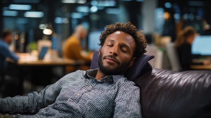 Relaxation is Essential: A Moment of Serenity Captured as a Man Reclines Comfortably on a Couch in a Busy Office Environment, Emphasizing the Importance of Rest Amidst Work Stress and Activity