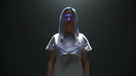 girl wear holographic glasses at dark background closeup. virtual reality player