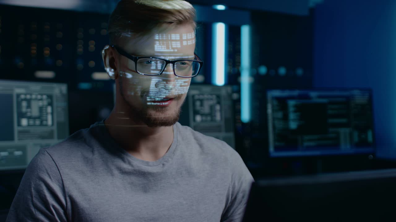 retrato de un desarrollador de software hacker trabajando en una computadora, los números de código proyectados y los caracteres se reflejan en su cara. habitación oscura llena de electrónica, computadoras, pantallas. hacking o programación.