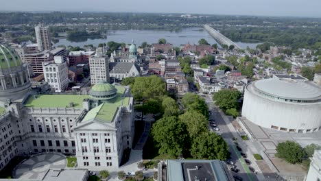 aerial drone shot of capitol building complex in harrisburg, pennsylvania, us, right to left pan