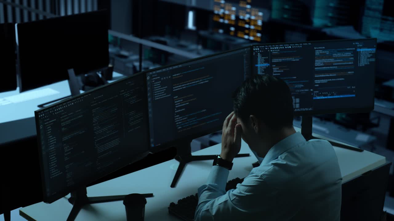 Side View Of Asian Man Developer Having Headache While Write Code With Multiple Computer Screens In The Office